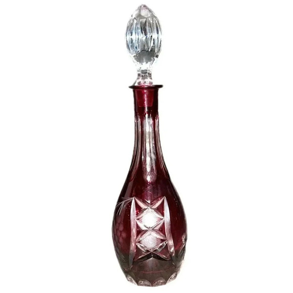 LAUSITZER German Glass Cranberry Decanter Hand Cut Crystal Bohemian With Stopper - Picture 1 of 8